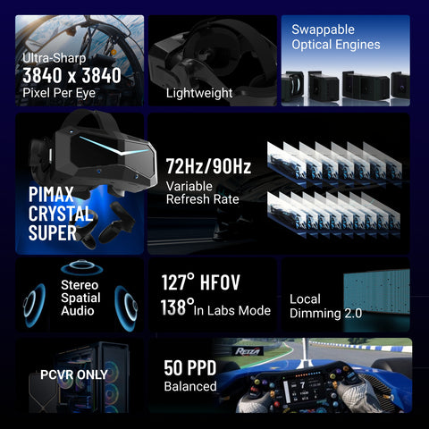 Pimax Crystal Super 50PPD QLED Virtual Reality Headset with Controllers - Ideal for Sim Racing and Flight Simulation